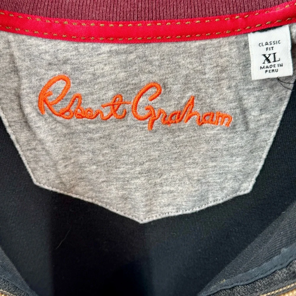 Robert Graham Black Quarter Zip Cotton Sweater with Gray and Red Accents Size XL